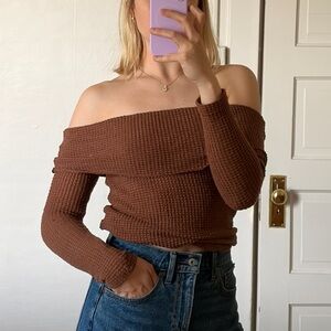 Brown waffle knit off shoulder top